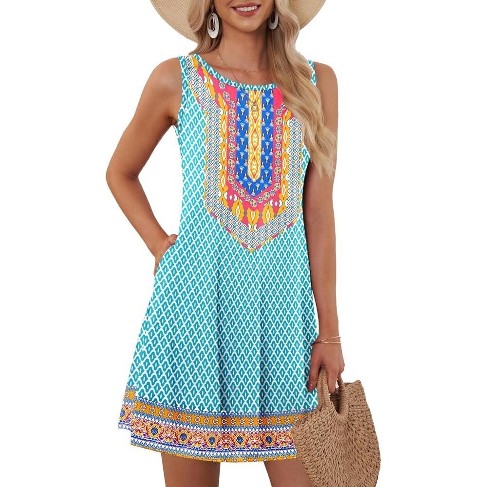 Women's Rhombic Blue Sleeveless Crew Neck Summer Boho Beach Dress with Pocket